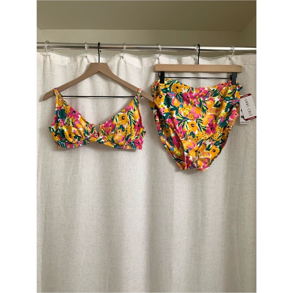 Anne Cole Pink Bikini Top Yellow Tropical Floral Convertible Hight Waist Bottoms